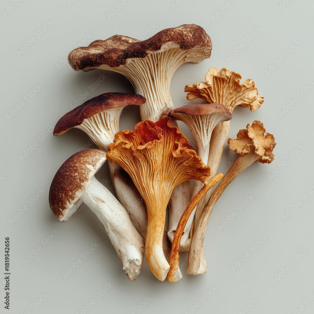 Fototapeta premium Variety of fresh mushrooms on a neutral background