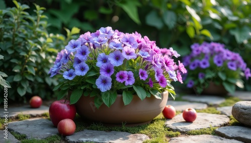 Lush pot of vibrant purple flowers with red apples