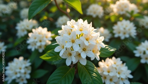 Delicate white flowers blooming amidst lush green leaves