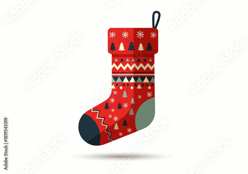 Illustration of a red Christmas stocking with snowflake, tree, and geometric patterns, isolated on a white background.