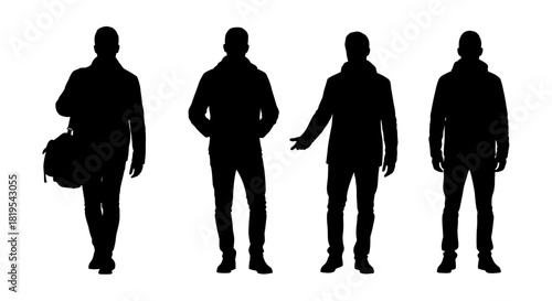 Stylish men silhouettes in coats and jackets with a travel bag