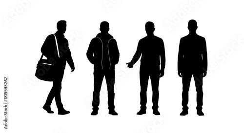 Diverse Black Silhouettes of Men in Various Poses and Actions