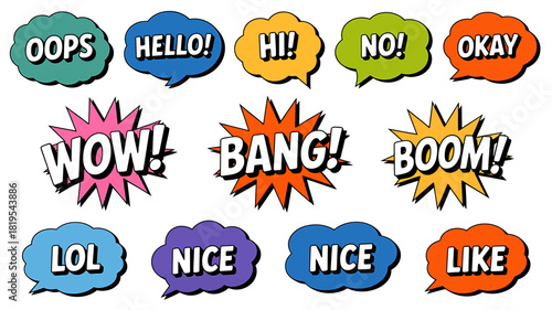 Colorful comic speech bubble and sound effect collection kit