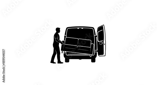 Man loading a couch into a van with a determined expression on white background