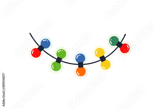A string of colorful festive lights hangs against a white background, featuring red, green, blue, yellow, and orange bulbs.