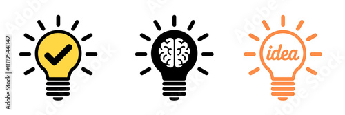 Creative idea lightbulb icons: brain, solution, and concept set