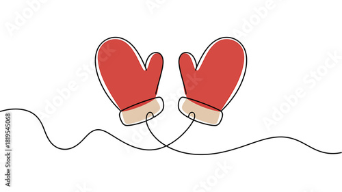 Red winter mittens continuous line drawing illustration vector