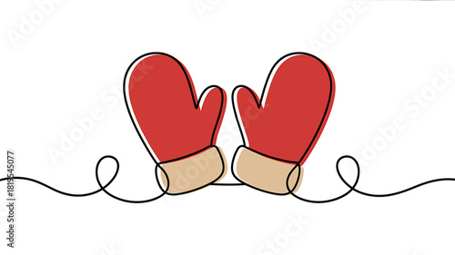 Minimalist red winter mittens continuous line art illustration
