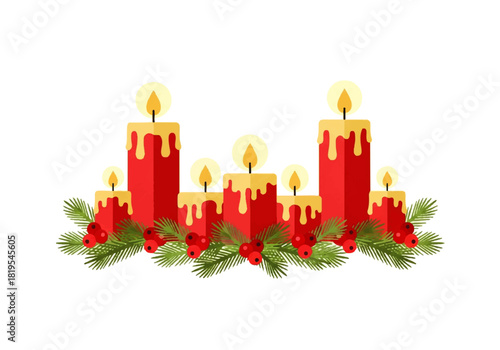 Illustration of lit red candles with dripping wax, adorned with green pine branches and red berries, set against a white background.
