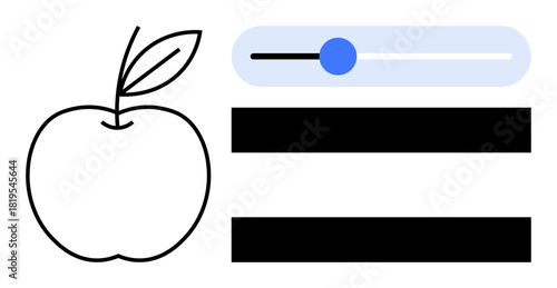 Apple drawing, slider with blue knob, bold horizontal bars. Ideal for choice, customization, progress, options, contrast, decision-making simple flat metaphor