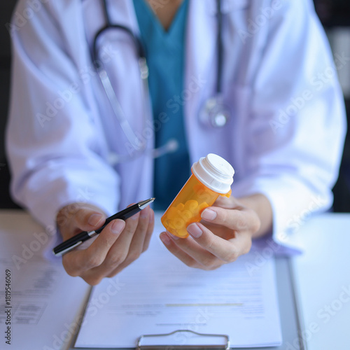 Doctor or General practitioner explain to patient how to use prescribed medicine correctly by explain dosage, frequency, and timing.