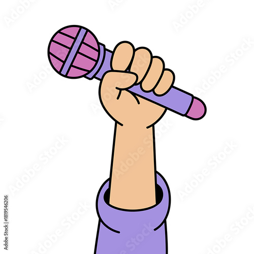 Hand holding purple microphone, expressing voice and communication.