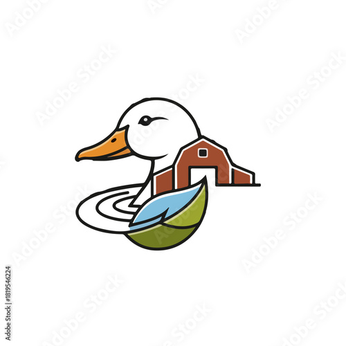 Whimsical duck farm illustration with a barn and leafy elements, evoking a sense of rural charm and agricultural life