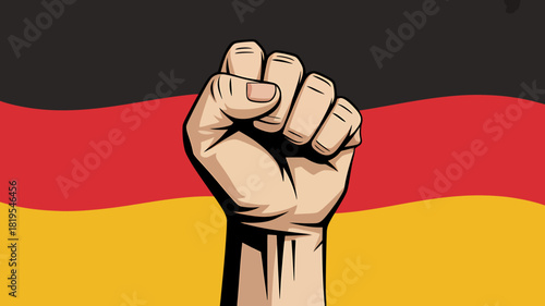 Raised fist illustration against waving german flag, power symbol art.