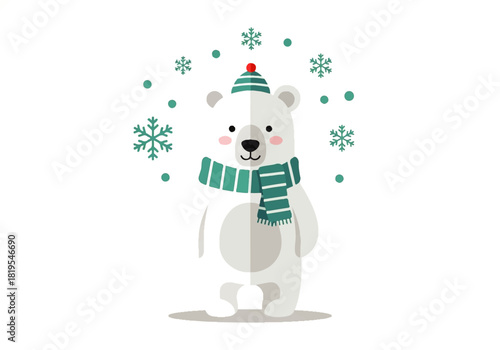 Illustration of a cute polar bear wearing a striped scarf and hat, surrounded by snowflakes on a white background.