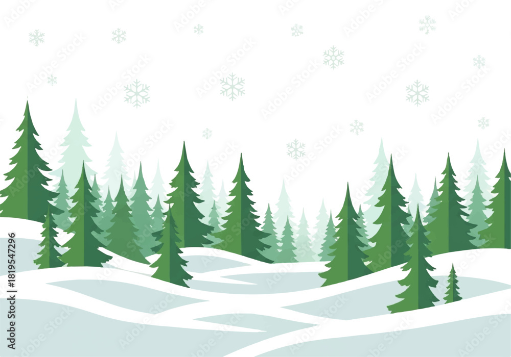 Fototapeta premium A winter landscape featuring stylized evergreen trees on snow-covered hills with falling snowflakes against a white background.