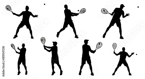 Dynamic silhouettes of tennis players engaged in various active poses