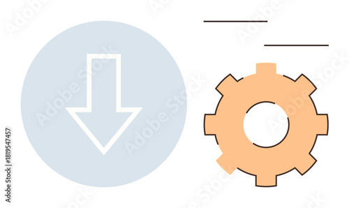 Arrow pointing downward next to a gear, symbolizing workflow, automation, and process efficiency. Ideal for optimization, settings, productivity, mechanics systems workflow innovation. Simple flat
