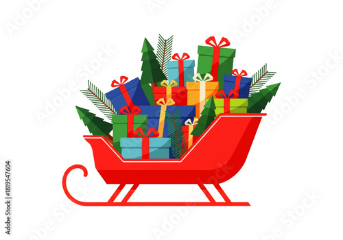 A red sleigh overflowing with colorful Christmas gifts and decorated with green pine trees, isolated on a white background.
