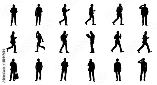 Collection of black silhouettes depicting individuals engaging with handheld communication devices