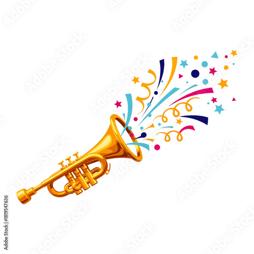 A golden trumpet emits colorful confetti, stars, and streamers against a white background, suggesting celebration and music.