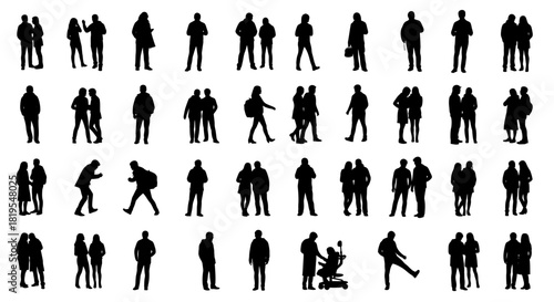 Diverse Silhouettes of People Engaging in Various Everyday Activities and Interactions