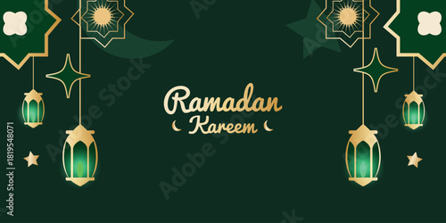 Ramadan kareem greeting banner. Lantern, star, moon, text. Vector illustration