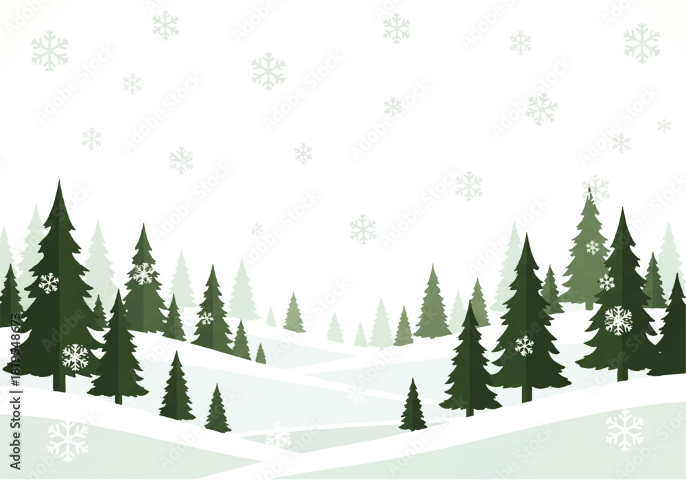 Obraz premium Winter landscape illustration with evergreen trees on snow-covered hills and falling snowflakes against a white background.