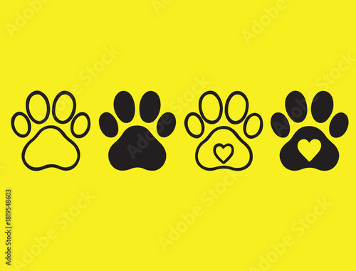 Cute paw print icons with outline, solid, and heart-filled designs