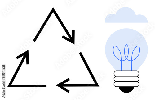 Recycling arrows forming a triangle next to a glowing eco-friendly lightbulb under a cloud. Ideal for sustainability, energy efficiency, innovation, environmental protection, clean energy, green