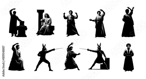 Dynamic Silhouettes Portraying Classical Figures Rituals and a Surreal Fencing Match