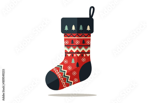 A Christmas stocking with red, white, and black geometric patterns and tree designs, hanging against a white background.
