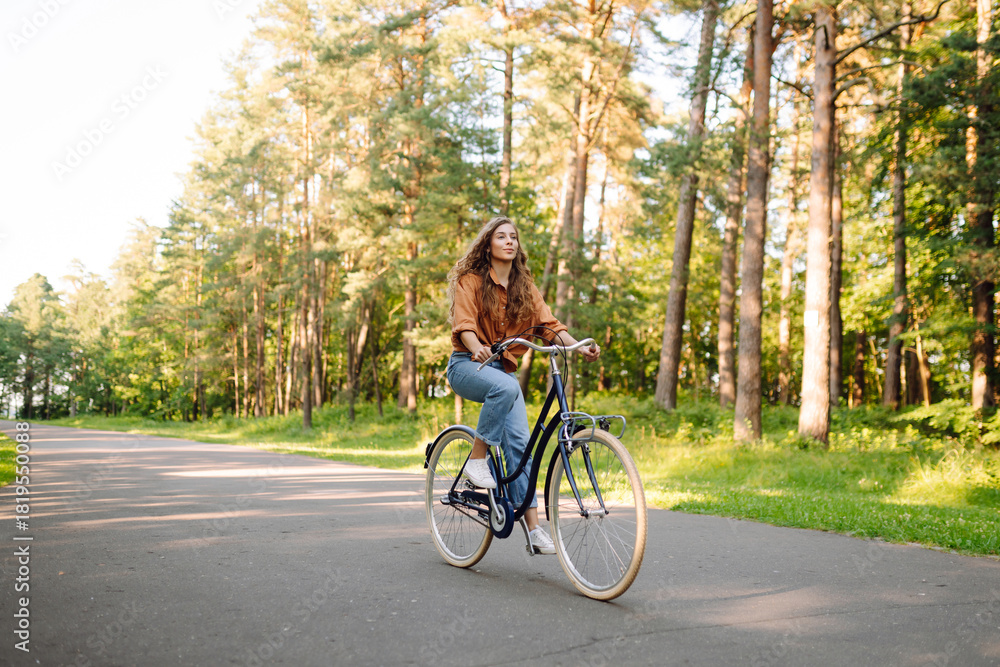 Obraz premium A cheerful woman rides a bicycle along a path in a vibrant green forest. A young woman enjoys a bike ride through a park on a sunny day. Concept: leisure, weekend. Active lifestyle.