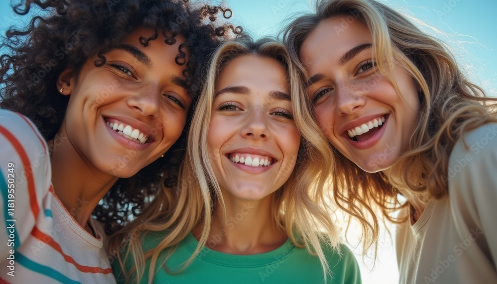 Obraz premium Three joyful friends sharing smiles in the sunlight