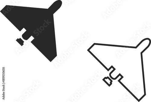 Shahed drone icons in two versions, line and black silhouette, kamikaze drone.