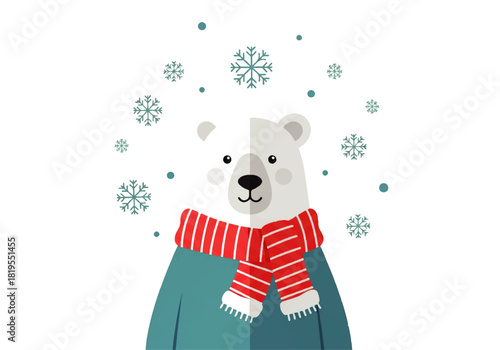 Illustration of a polar bear wearing a red and white striped scarf and a teal sweater, surrounded by snowflakes on a white background.