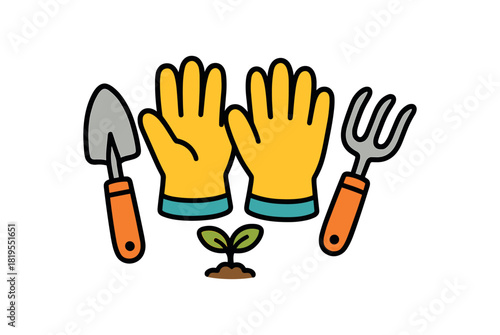 Cute doodle spring collection flat vector illustration bold handdrawn outlines bright solid fills isolated on white clean white space sticker style minimal detail garden gloves with tools