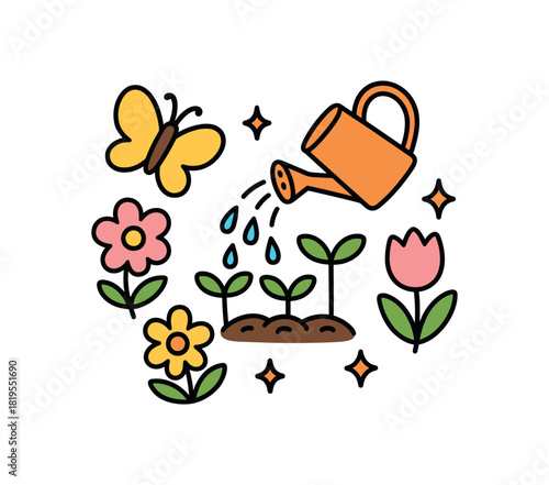 Cute doodle spring collection flat vector illustration bold handdrawn outlines bright solid fills isolated on white clean white space sticker style minimal detail watering pot pouring onto