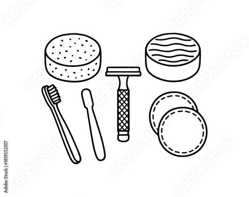 flat vector handdrawn black and white bold clean outlines white background zero waste bathroom swaps shampoo bar conditioner bar bamboo toothbrush safety razor reusable rounds no logos