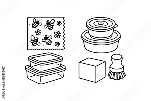 flat vector handdrawn black and white bold clean outlines white background zero waste kitchen swaps beeswax wraps silicone lids stackable glass containers dish wooden brush no logos