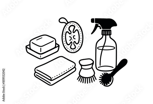 flat vector handdrawn black and white bold clean outlines white background zero waste cleaning kit solid dish soap loofah scrubber glass spray bottle microfiber cloths brush no logos