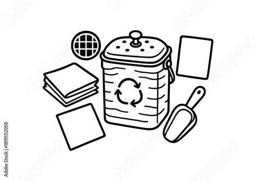 flat vector handdrawn black and white bold clean outlines white background zero waste compost corner countertop bin paper liners carbon filter small scoop guide card blank no logos