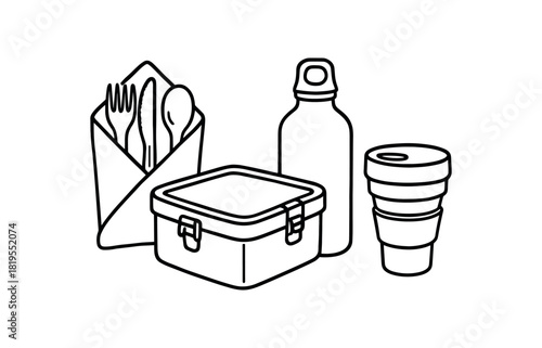 flat vector handdrawn black and white bold clean outlines white background zero waste on the go kit bamboo cutlery cloth napkin steel snack box bottle collapsible cup no logos