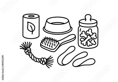 flat vector handdrawn black and white bold clean outlines white background zero waste pet low waste compostable bags metal bowl brush glass treat jar rope toy no logos