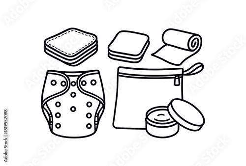 flat vector handdrawn black and white bold clean outlines white background zero waste baby low waste cloth diapers wet bag reusable wipes liner balm tin no logos