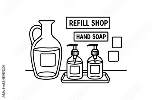 flat vector handdrawn black and white bold clean outlines white background refill shop hand soap corner glass pumps carafe tray label stickers blank no logos