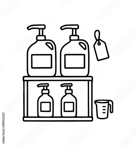 flat vector handdrawn black and white bold clean outlines white background refill shop shampoo and conditioner tower bottles pump measuring cup tag blank no logos