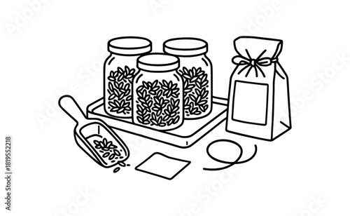 flat vector handdrawn black and white bold clean outlines white background refill shop herb jars scoop parchment sachet blank twine tray no logos