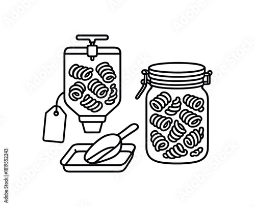 flat vector handdrawn black and white bold clean outlines white background refill shop pasta coils refill clamp jar scoop tray tag blank no logos