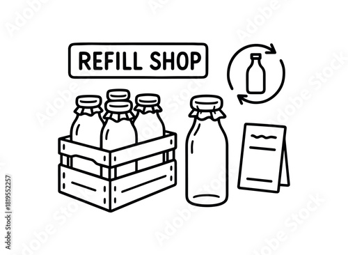 flat vector handdrawn black and white bold clean outlines white background refill shop return bottle crate glass milk bottle cloth cap receipt card blank no logos